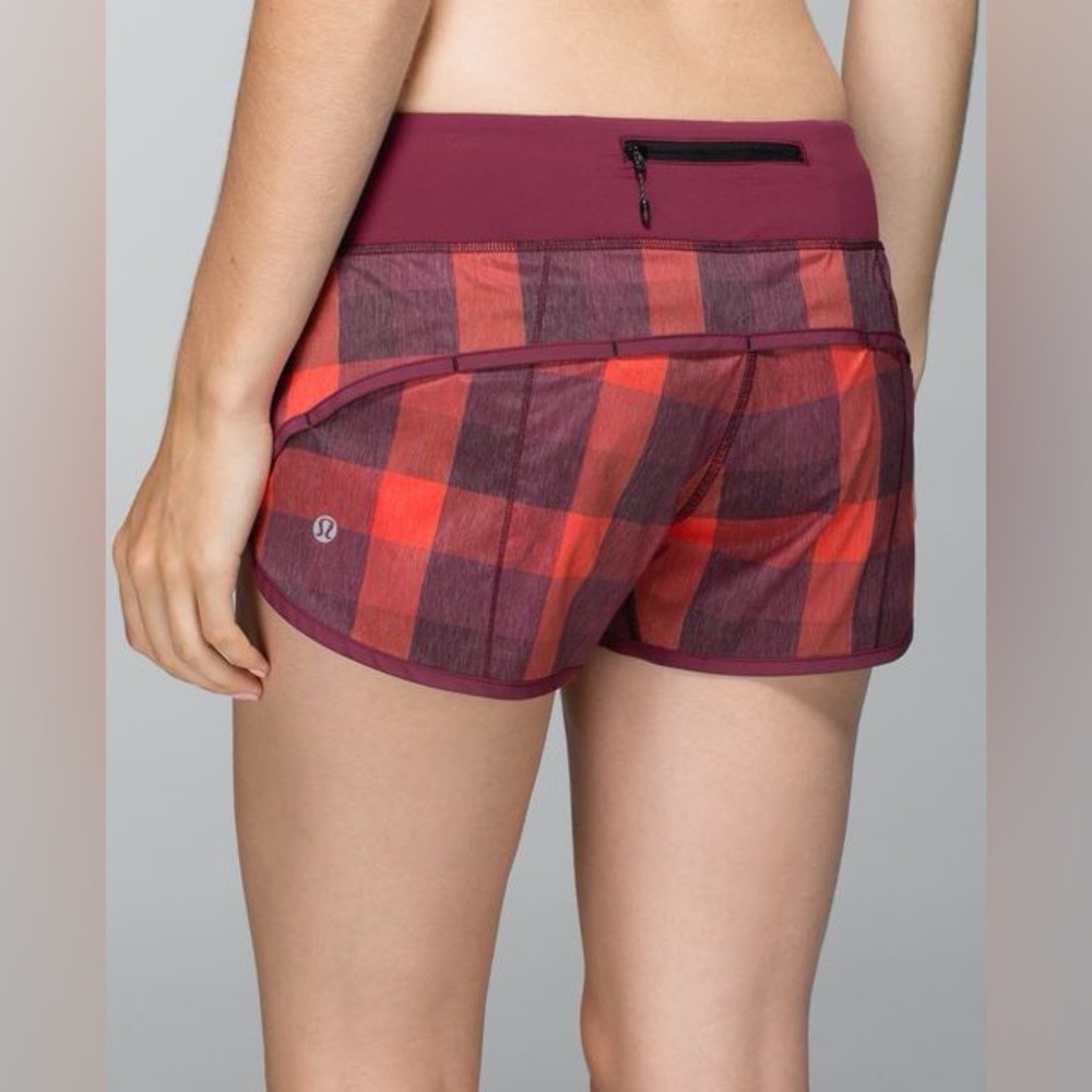 LULULEMON Speed Red and Black Plaid Athletic Shorts, 3” (US 4)